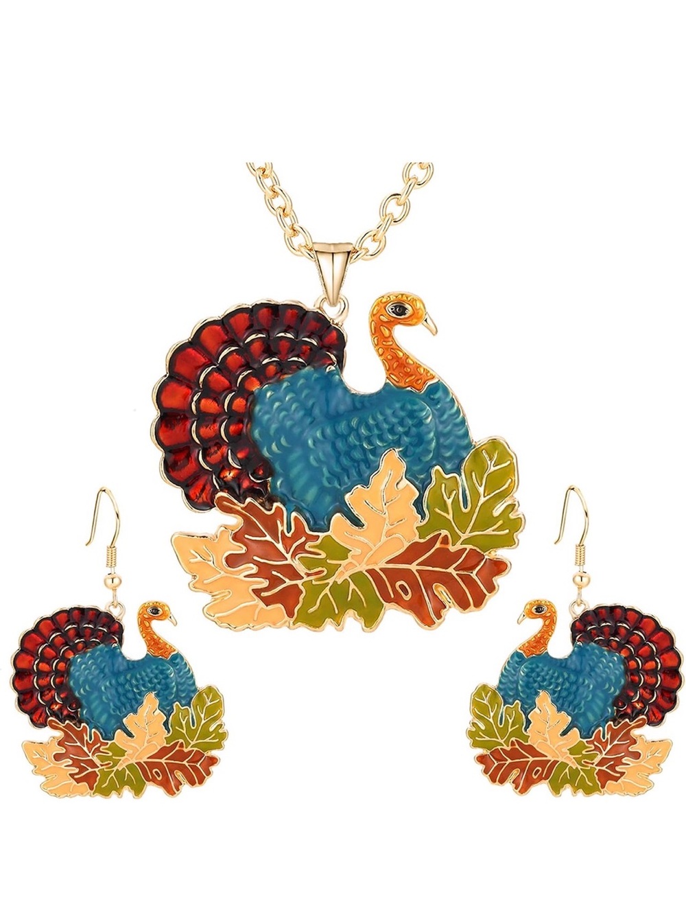 Miraculous Garden Turkey Enameled Pendant & Earrings Thanksgiving Fall